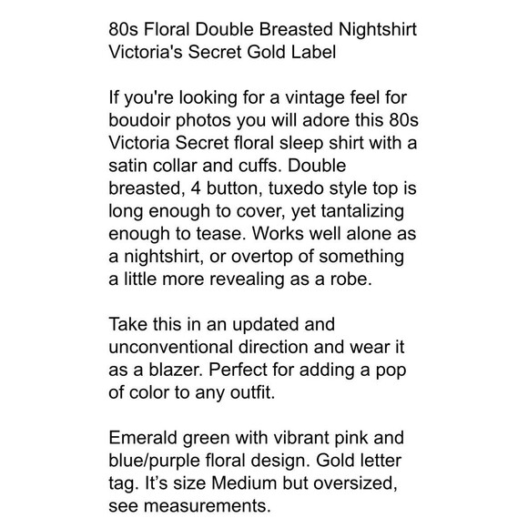 80s Floral Double Breasted (Tuxedo) Nightshirt Victoria's Secret Gold Label  M - Picture 8 of 9